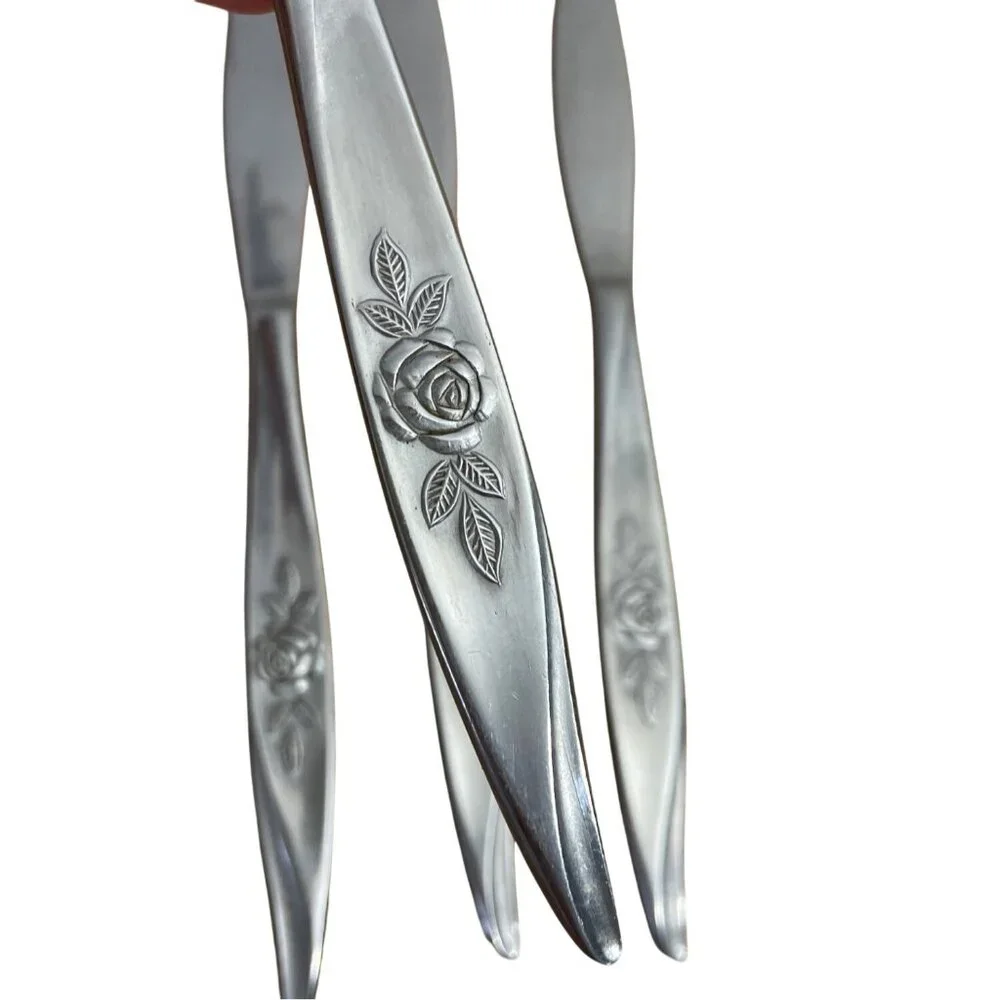 Vtg Hanford Forge Avon Rose Pattern Dinner Butter Knives Set 4 Stainless Korea